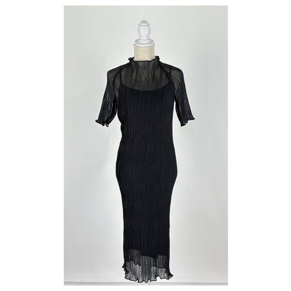 Luxely Plissé Funnel Neck Pleated Midi Dress Black Womens Size Medium New - Picture 5 of 14